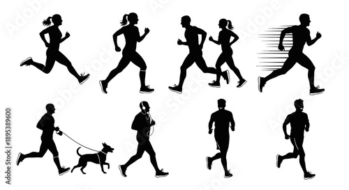 Collection of athlete silhouettes in motion showing various running styles and group activities including joggers with pets and music enthusiasts for health and wellness design projects worldwide now