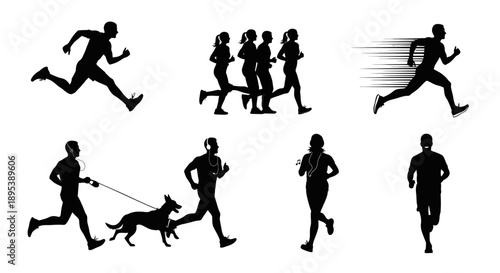 Silhouettes of people running set of black vector figures including joggers sprinters and individuals with pets or music accessories for sports promotion and fitness designs on white background art