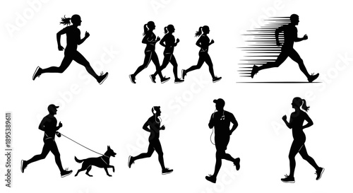 Set of diverse running silhouettes featuring men, women, and a group of runners, including a male runner with a dog on a leash and another male runner listening to headphones