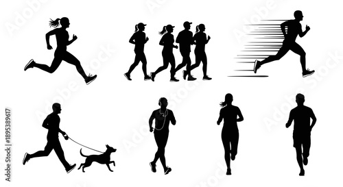 Running silhouette set featuring joggers in various poses with lone sprinters group athletes exercising outdoor park activities sports training competition