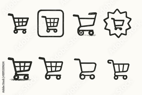 Shopping cart silhouette icon set for e-commerce and retail platforms