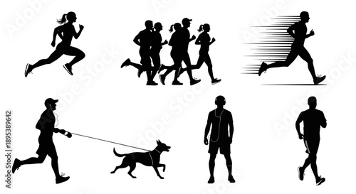 Diverse set of running silhouettes including a female runner, a group of people jogging, a fast-paced male runner with motion lines, and a man running with his dog