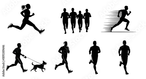 Athlete silhouettes for running events featuring various poses such as group racing lone sprinter jogging with music man walking dog athletic woman training sessions marathon preparations sport icons