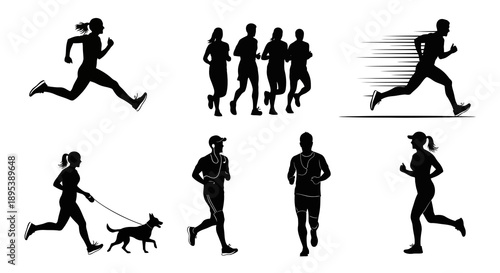 Sport running silhouettes collection including people jogging outdoors marathon group training male athlete sprinting with motion blur woman runner with headphones and person exercising with pet dog