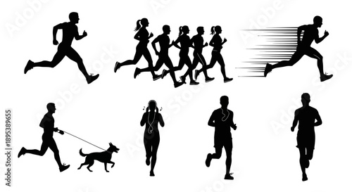 Jogging people silhouettes bundle showcasing different running styles including group marathon runners athletic sprinters fitness enthusiasts man with dog outdoor workout session healthy active life