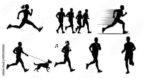 Athletic people running silhouettes set featuring male and female joggers in action for fitness promotional materials and sports magazines isolated on white background various poses and group scenes