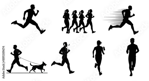Running silhouette set featuring marathon sprinters and joggers with dogs in diverse athletic poses across