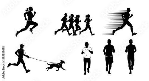 Comprehensive sport runner silhouette bundle featuring individual athletes and groups jogging with dogs or wearing gear for health campaign materials and fitness center posters or web design graphics