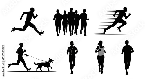 Collection of energetic running silhouettes for sports and fitness themes, showcasing diverse athletic activities and group dynamics