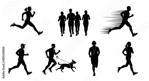 Woman running in silhouette with headphones representing fitness and healthy lifestyle active sport motion isolated on white background vector 