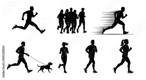 Assortment of running silhouettes demonstrating different speeds and styles, ideal for fitness, sports, and active lifestyle graphics