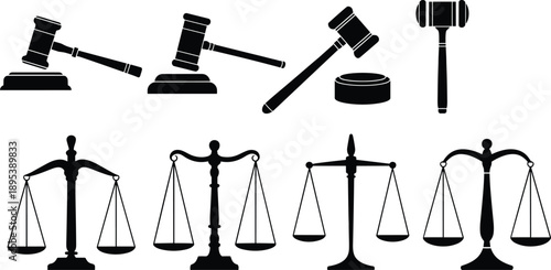 Justice law symbol silhouette set with judge gavel and balance scales, legal court authority concept, judiciary decision making theme, black vector illustration
