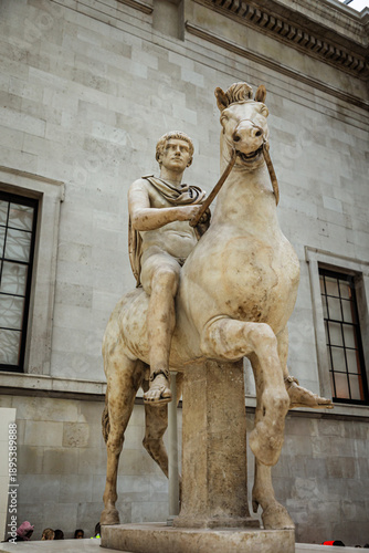 Roman Emperor on Horseback Statue at the British Museum, London: Ancient Marble Equestrian Sculpture of a Noble Figure