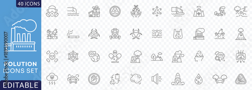 Pollution Line Editable Icons set. Containing Air Pollution, water Pollution, microplastic, trash, gas, toxic Etc. Fully Editable. Vector illustration.
