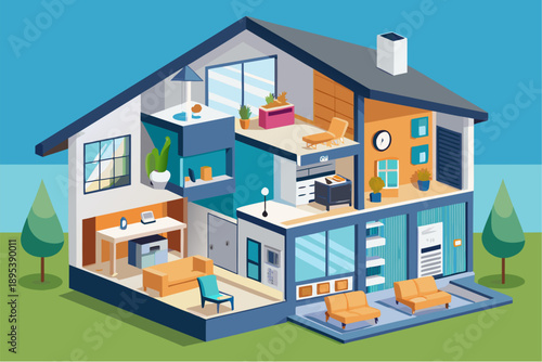 Isometric illustration of a modern house interior with furnished rooms, home decor and cozy layout in cross-section view