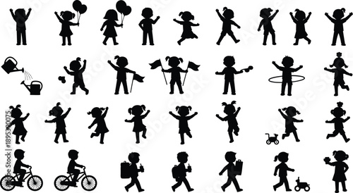 Happy Kids Silhouette Set Showing Children Playing Dancing Running Cycling School Activities Black Vector Illustration Collection Isolated