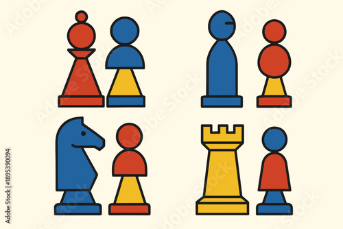 Colorful chess pieces arranged in a playful geometric style on a light background