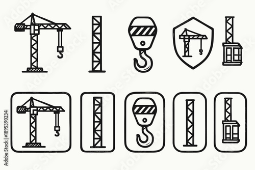 Construction, engineering line icon set. Crane, hook, building tools outline collection