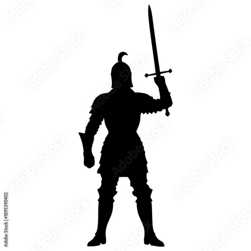 Battle ready knight silhouette vector standing with sword for war game assets historical reenactment visuals and medieval combat branding