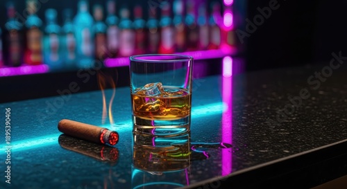 A glass of whiskey and a cigar sit on a bar counter with neon lights.