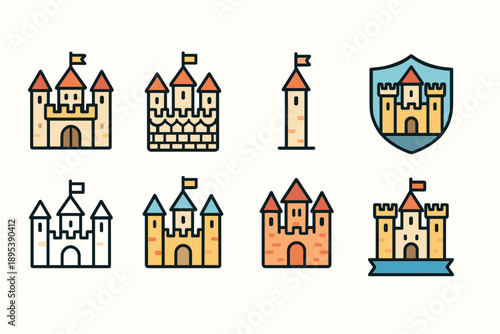 Medieval castle outline icon set. Fortification and architecture icon collection
