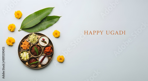 Happy Ugadi greeting banner white background traditional food plate mango leaf marigold flower symbolic taste recipe