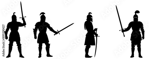 Armored knights standing collection vector silhouettes for role playing game asset packs fantasy book series illustrations and medieval storytelling