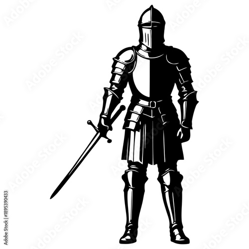Knight in armor standing silhouette vector holding sword for historical documentary visuals museum exhibit graphics and educational materials