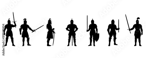 Knight standing poses collection vector silhouettes with swords for museum exhibit graphics educational history materials and fantasy art projects