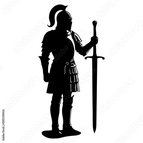 Armored knight standing pose vector silhouette with broadsword for castle attraction branding medieval festival marketing and fantasy art projects