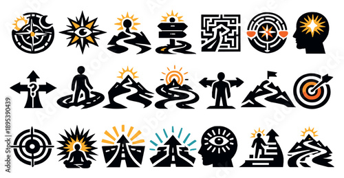 Compasses in Symbolism in bold style: spiritual compass, guiding star, life direction, moral compass, decision-making tool, inner guidance, purpose path, focus. Vector icons