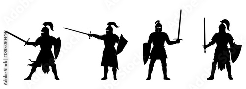 Medieval knights battle stance collection sword shield vector silhouettes for war game assets historical reenactment visuals and fantasy combat branding