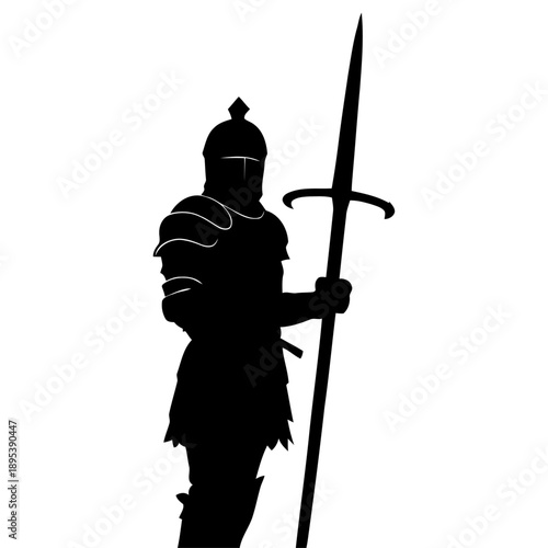Medieval knight standing with sword vector silhouette for fantasy game character design historical novel illustrations and RPG asset creation
