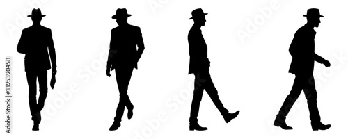Gentlemen walking silhouettes suit hat vector set for vintage menswear branding period film production and classic fashion marketing materials