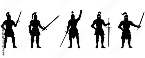 Knights in battle poses collection sword only vector silhouettes for RPG character sheets fantasy novel illustrations and medieval combat scenes