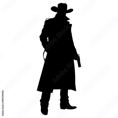 Action cowboy silhouette vector quick draw pose for western film poster design rodeo event graphics and frontier adventure branding