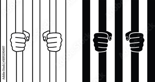 Prison bars silhouette illustration with hands gripping jail cells, symbol of captivity and injustice, human rights awareness concept, incarceration and freedom restriction theme