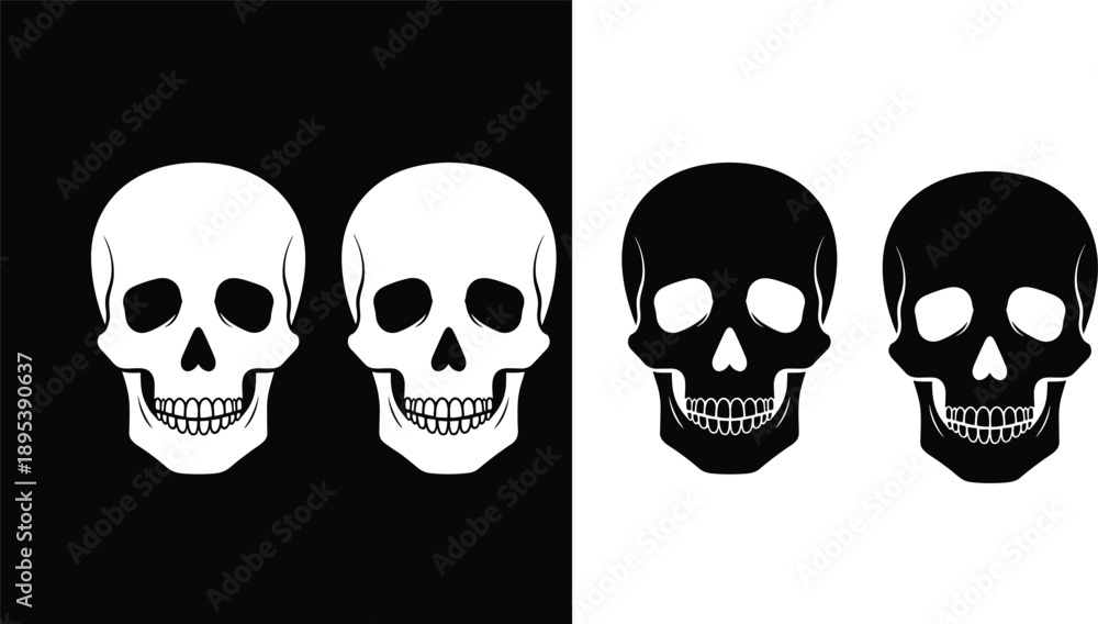 Obraz premium Skull illustration set, black and white contrast, stylized head design, symmetrical horror art, gothic iconography, spooky Halloween drawing, eerie skeletal concept