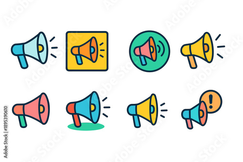 Megaphone, announcement flat icon set. Voice, broadcast, volume symbols collection