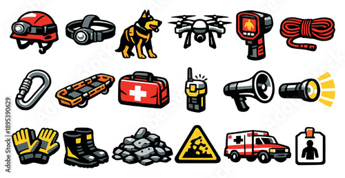 Disaster Response Coordination Search and Rescue in bold style: rescue worker helmet, headlamp, search dog, drone, thermal camera, rescue rope, carabiner. Vector icons