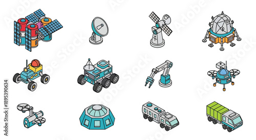 Isometric illustration of various space exploration and technology icons
