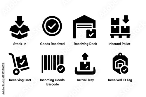 Logistics and inventory management solid icon set for efficient warehouse operations