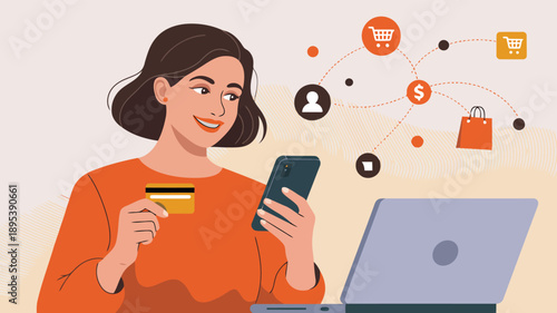 Cheerful woman securely makes an online purchase using her phone and a credit card