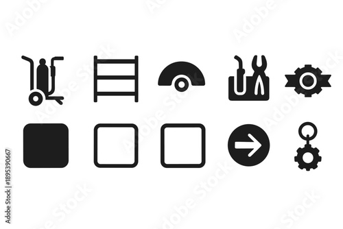 Warehouse, logistics solid icon set. Tools, equipment, inventory icons collection
