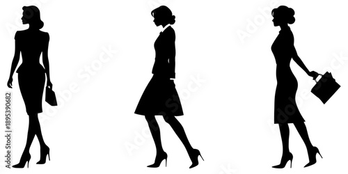 Women in corporate wear walking silhouettes vector set for office fashion branding business conference marketing and professional networking visuals