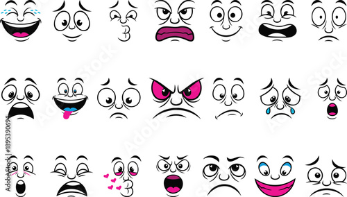 Unique vector illustration of Cartoon facial expressions. Comic faces with Groovy style, doodle eyebrows and mouth cartoon character design vector set. Character feeling sick, crying, and Smiling