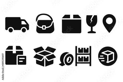 Logistics and shipping silhouette icon set. Delivery, packaging icons silhouette collection