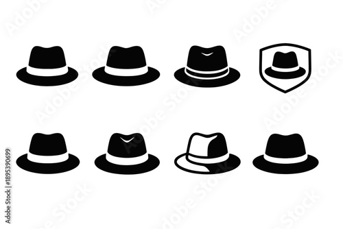 Fedora hat silhouette icon set. Stylish headwear silhouette icons collection