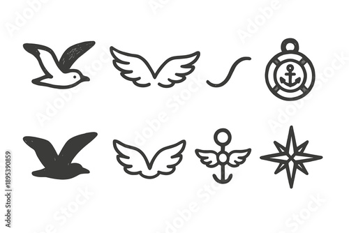 Nautical, aviation outline icon set. Marine, flight themed linear icons collection