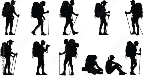Hiker backpacker silhouettes collection showing trekking walking standing resting photography poses isolated black vector illustration set for outdoor adventure travel design